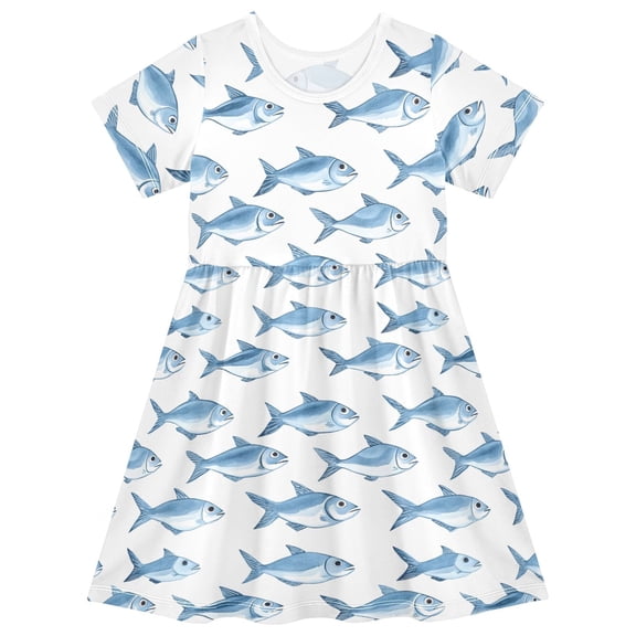 joogoo Blue Fish Girls' Short Sleeve Dress Kids Dresses 5-6T