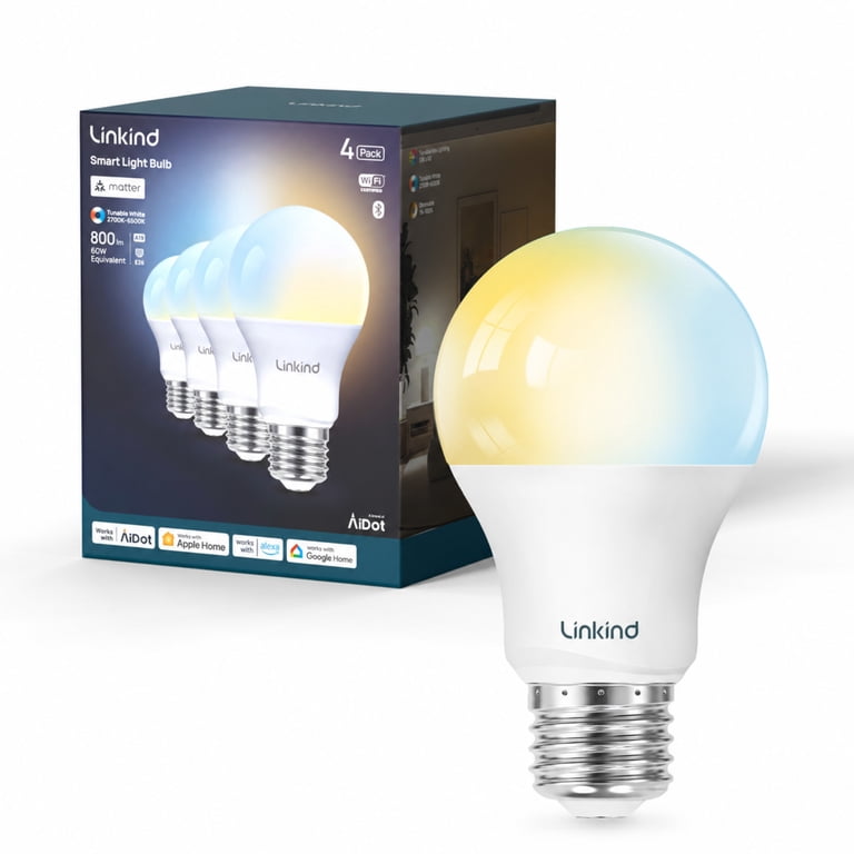 Linkind A19 Matter Smart Light Bulb, Tunable White 4-Pack photo 1