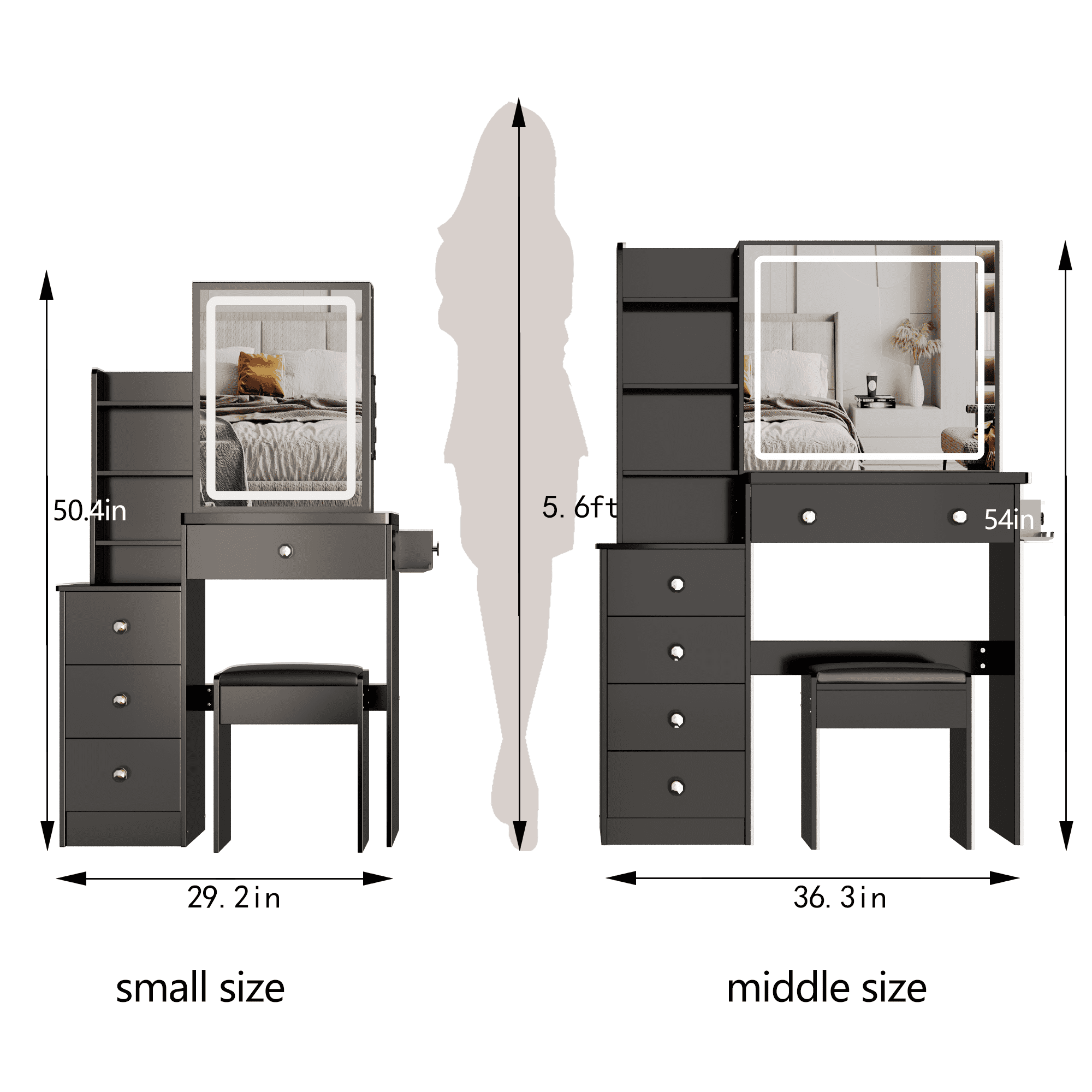 29.2" Small Size Left Bedside Cabinet Vanity Table + Cushioned Stool, 2 AC+2 USB Power Station, Hair dryer bracket, Extra Large Touch Control Sliding LED Mirror, Tri-color Switching