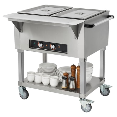 KFFKFF 2-Pan Commercial Food Warmer, 2 x 20.6QT Electric Steam Table, 1000W Buffet Catering Equipment with 4 Wheels (2 Lockable), Stainless Steel Food Server for Events and Restaurants