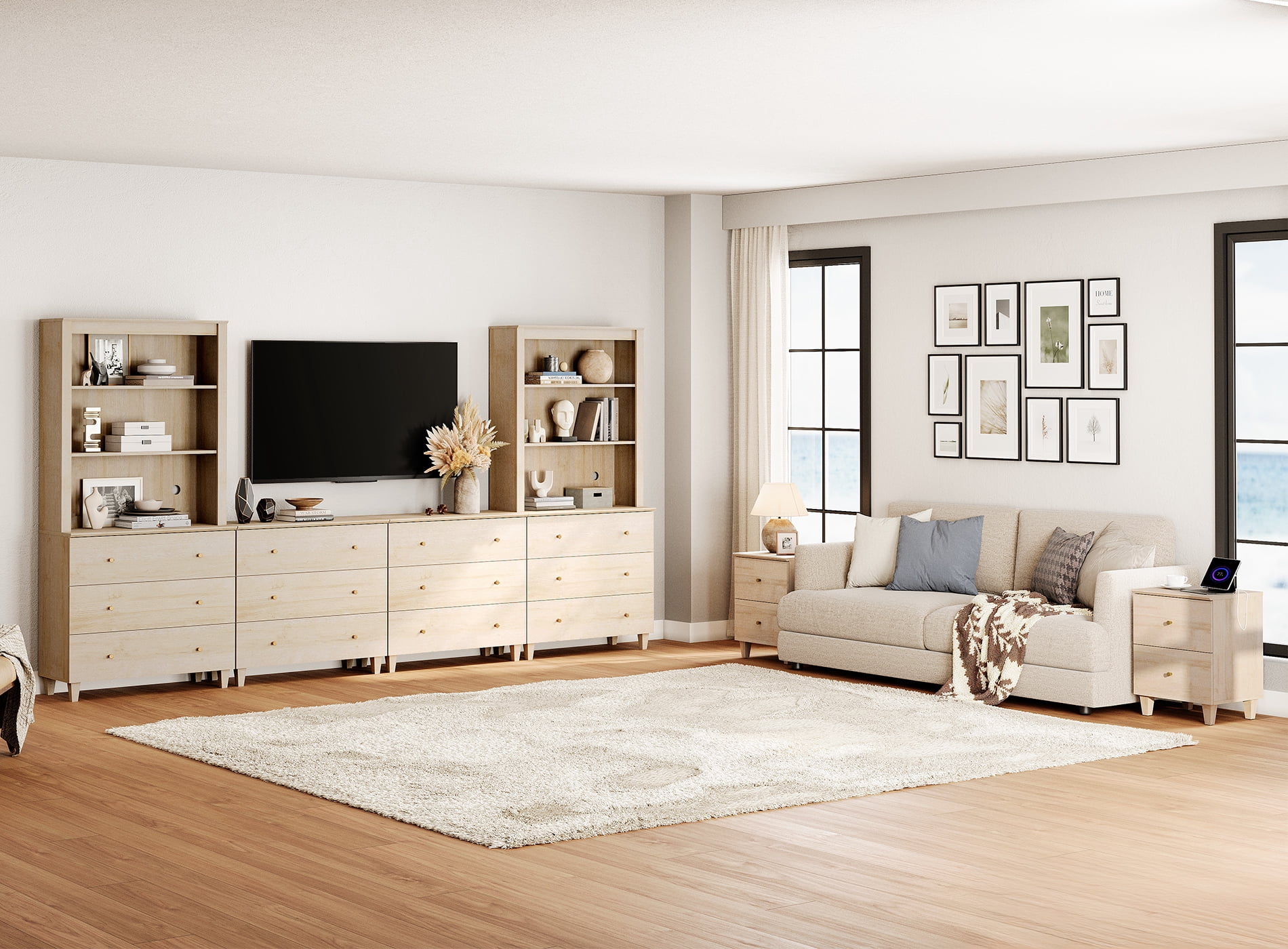 WAMPAT Entertainment Center and Side Table Set of 3, Modern Wooden TV Stand for 75" TV with Drawers and Open Shelves, 2 Charging End Tables for Living Room, Light Oak