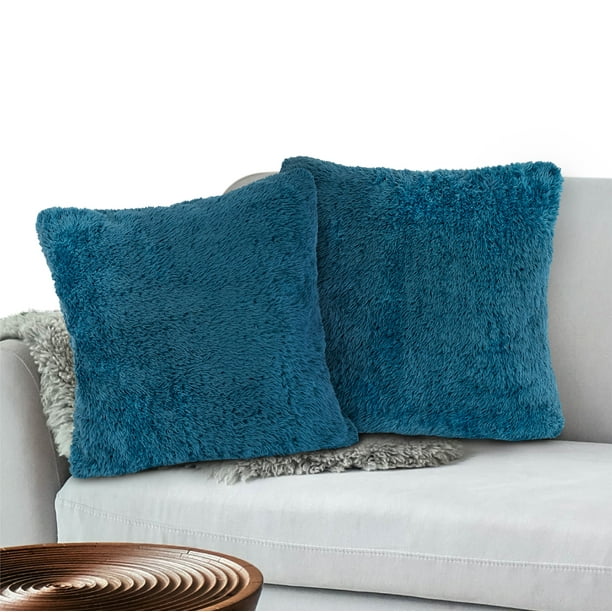 PAVILIA Decorative Faux Fur Throw Pillow Covers, Set of 2, 20x20, Teal