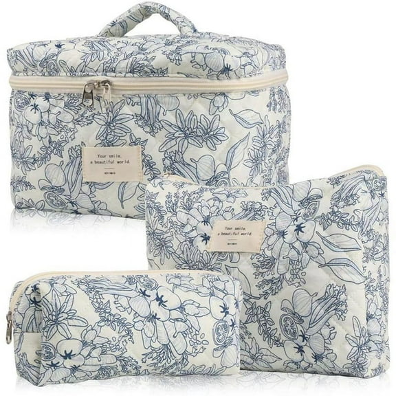 Makeup Cosmetic Bag 3 Pcs Cotton Quilted Makeup Bag Aesthetic Floral Toiletry Bag for Women,A