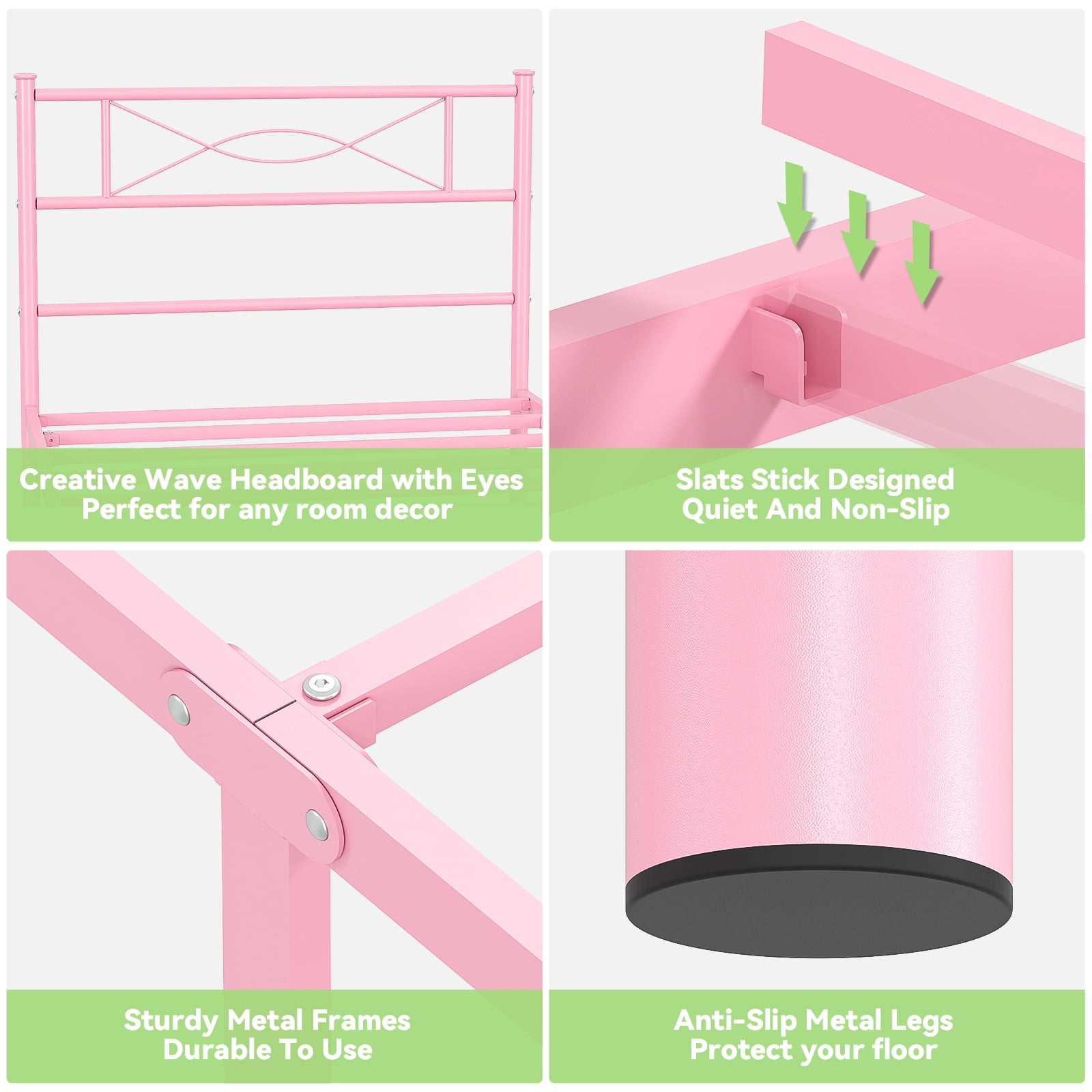 Mintazer Kids Twin Metal Platform Bed Frame with Cute Bowknot Headboard & Footboard for Boys Girls Teens, Pink