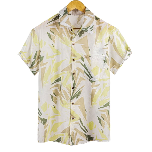 Mens Manga Corta Botón Abajo Camisas Botones Casuales Color Bloque Impresión con Blusa de Bolsillo Turndown, 100% Algodón Camisa Ligera para el Verano