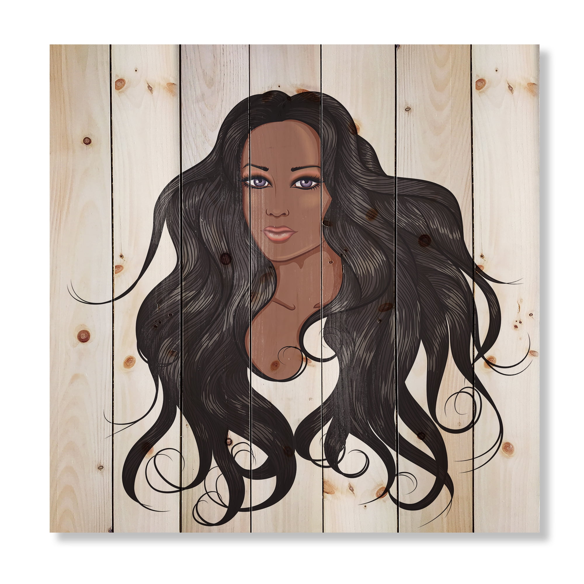 Designart 'Portrait Of Afro American Woman XV' Modern Print on Natural Pine Wood