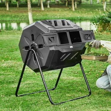 KFFKFF Compost Bin 43 Gal Dual-Chamber Composter Tumbler Rotating Sliding Door 29 x 24.6 x 37.6 in
