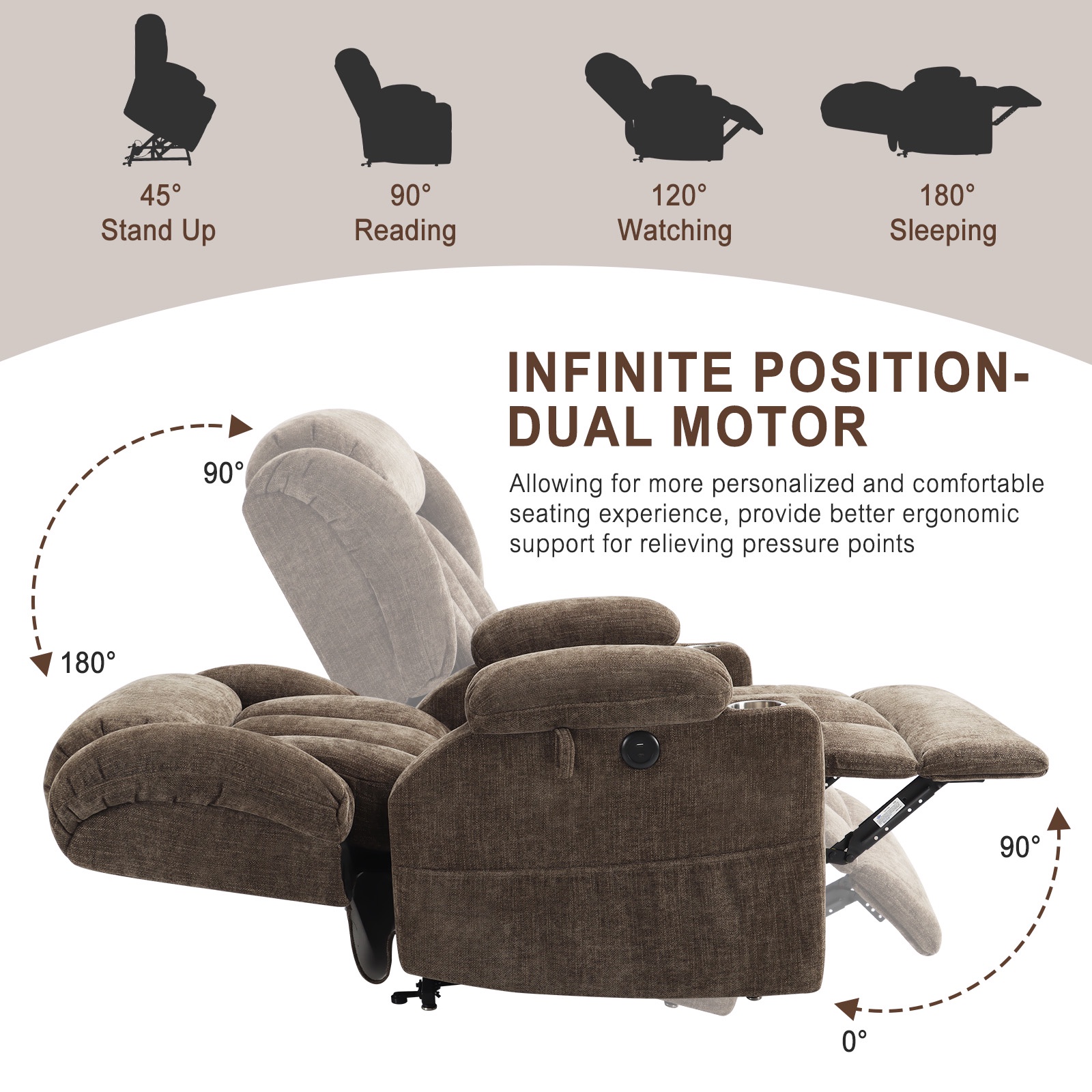 JULY'S SONG Power Recliner Chair with Heat and Massage, Dual Motor Lift Chairs for Elderly with Cup Holders, Oversized Recliners for Adults with USB & Type-C Ports, Brown