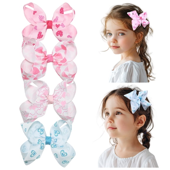 JoyBowie 4 Pcs 4.5 Inch Layered Hair Bows Clips Heart & Dot Print Grosgrain Ribbon Hair Accessories for Toddler Girls Kids