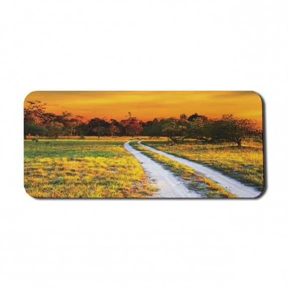 Landscape Computer Mouse Pad, Driving Path to Olive Gardens Orange Sunset Meadow Fields, Rectangle Non-Slip Rubber Mousepad X-Large, 35" x 15" Gaming Size, Marigold Dark Rust, by Ambesonne