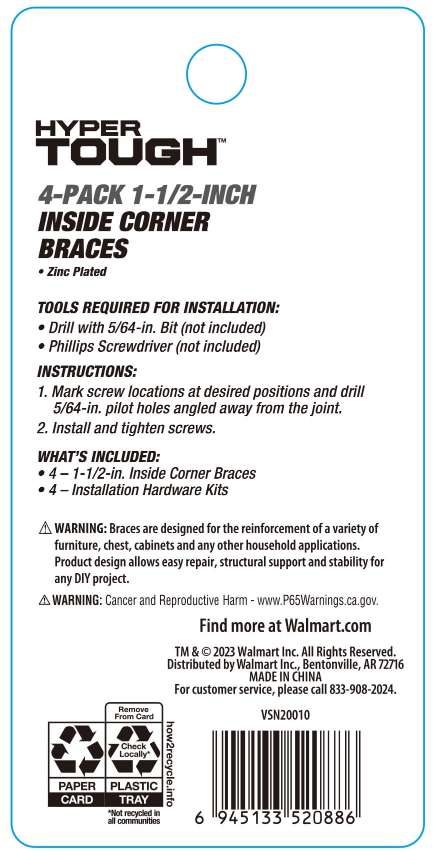 Hyper Tough 1-1/2 x 1-1/2 inch New Inside Corner Brace, Steel, Zinc Plated (4 Pack),mounting hardware included