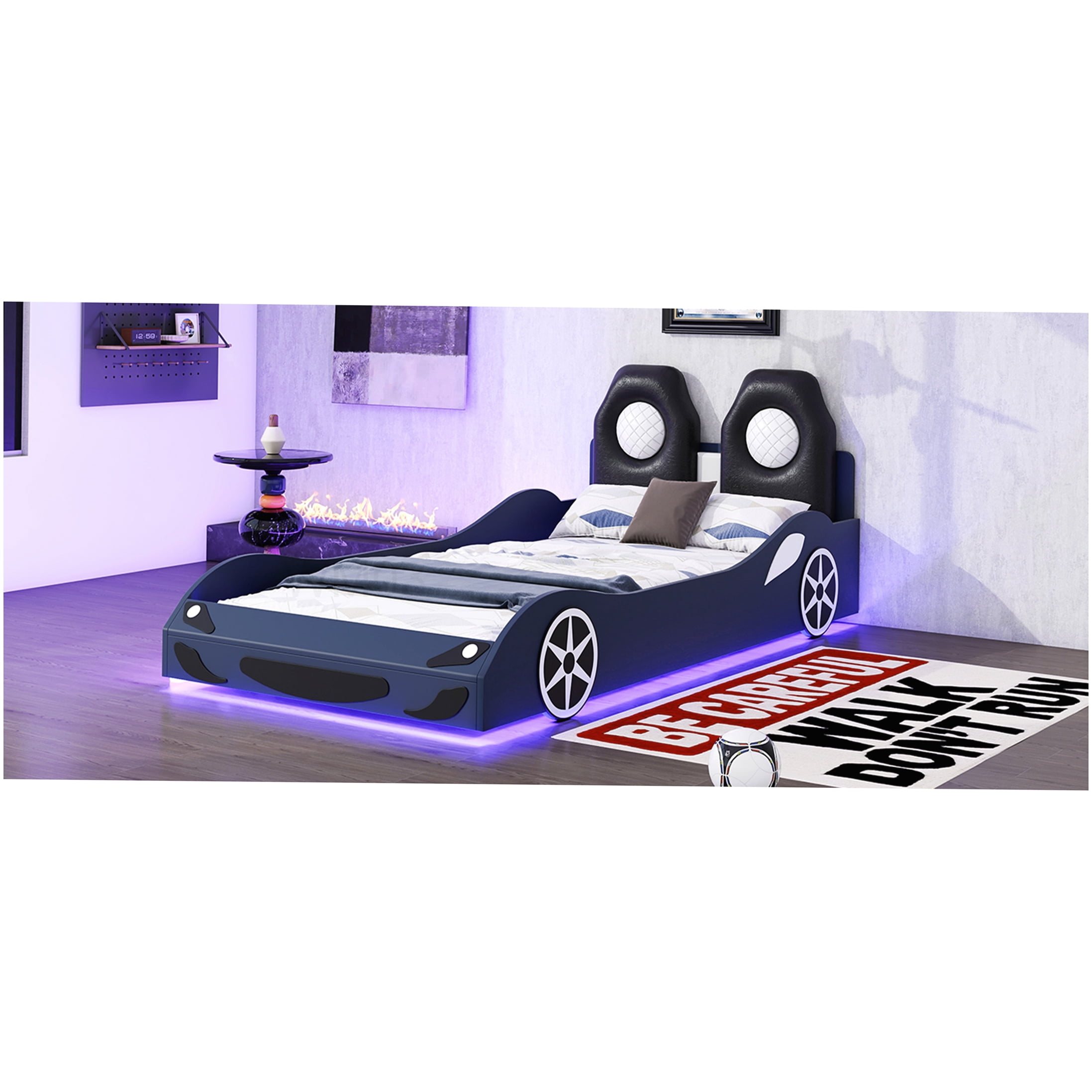 CHAMPFLAG Blue LED Race Car Bed, Twin Size PU Leather Platform Bed with Mood Lighting, No Box Spring Required