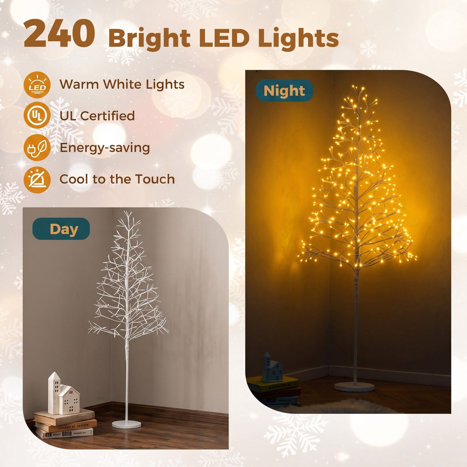 RUIE 5 FT Pre-Lit Birch Tree, Lighted Twig Tree with 240 Warm White LED Lights, Weighted Cement Base, Flexible Branches for Christmas Holiday Home Party Wedding, White
