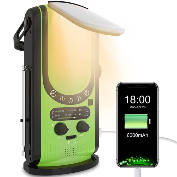 6000mAh Emergency Weather Radio with NOAA/FM,Portable Battery Operated Crank Radio with Solar Charging & Hand Crank, Phone Charger, 2 Modes Reading Lamp, SOS Alarm, for Home and Emergency