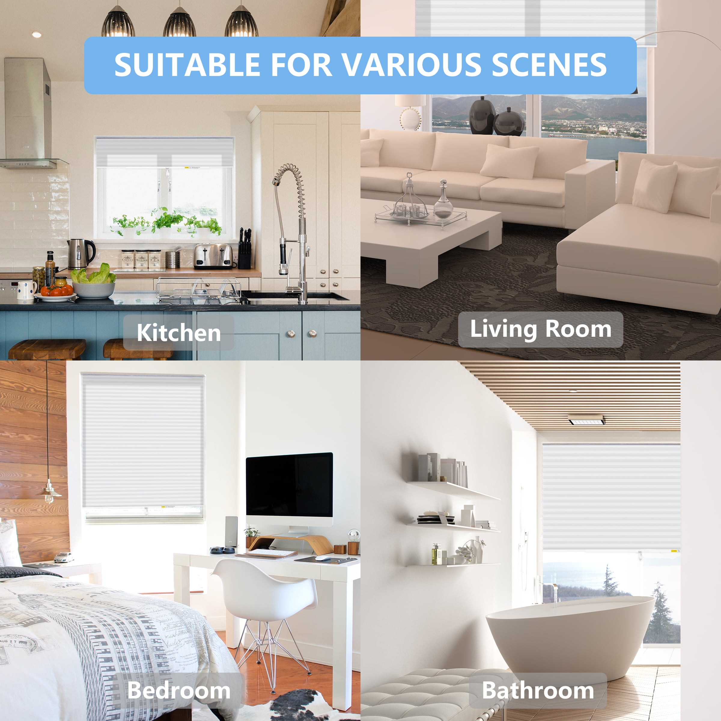 Yoshade Blackout Cellular Window Shades - Easy Install, Customizable Honeycomb Blinds for Room Darkening & Thermal Insulation - No Tools Required (White, 39 x 64)