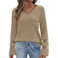 thumbnail image 2 of Ribbed Tops for Women with Hollow-Out Lace Long Sleeve Soft Knit V Neck Shirt Loose Casual Fall Pullover Blouses (2XL, Khaki), 2 of 6