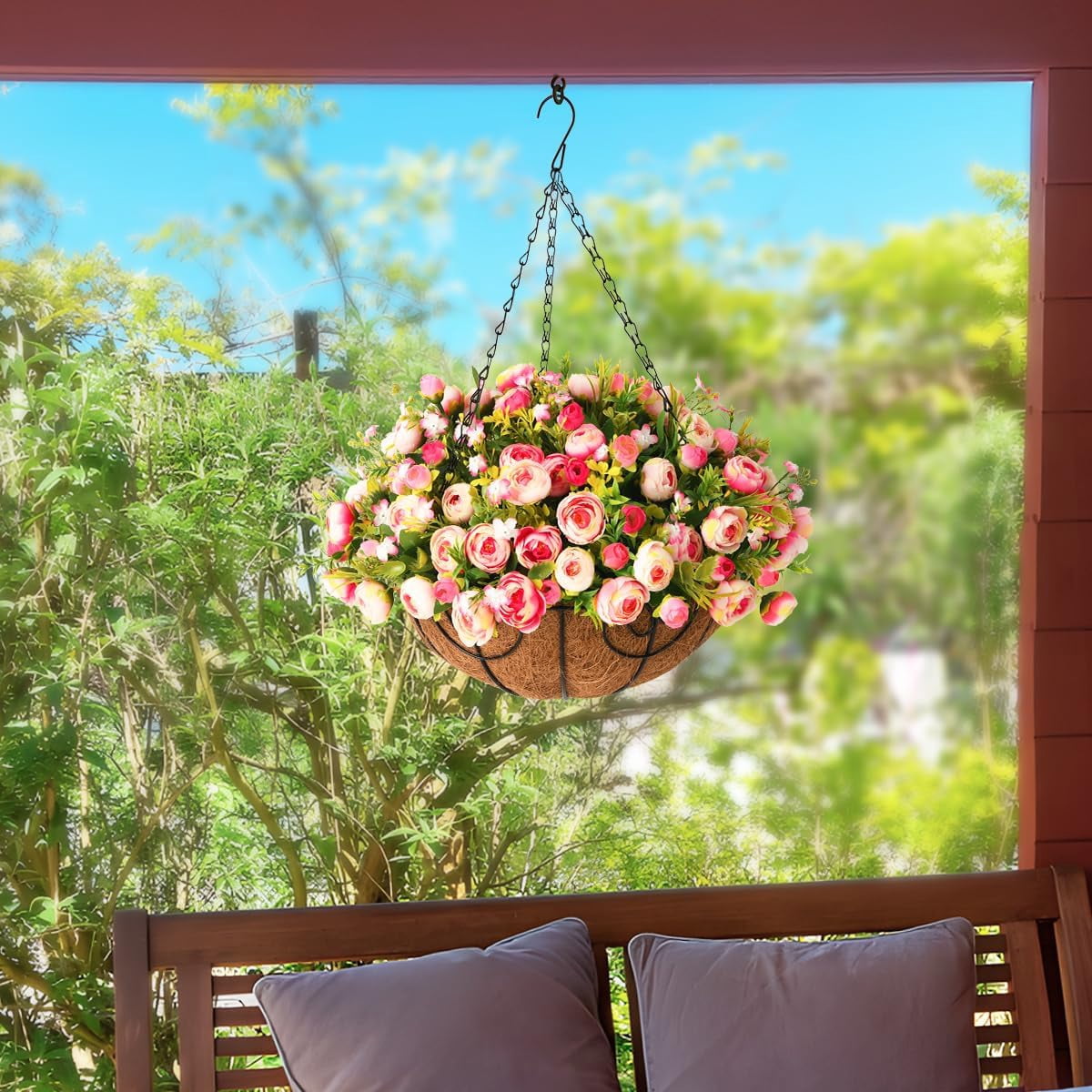 Artificial Fake Hanging Plants Flowers Basket for Spring Outdoor Decoration,Faux Silk Flowers Realistic UV Resistant in 12 inch Coconut Lining Baskets for Patio Decor(Rose red White)