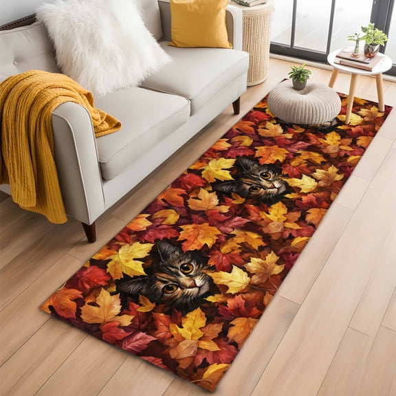 Runner Rug 2 x 6 Ft, Fall Washable Non-Slip Floor Mat for Kitchen Hallway/Entryway, Thanksgiving Rustic Cat Orange Red Maple Leaf Long Kitchen Runner Area Rugs for Living Room, Low-Profile