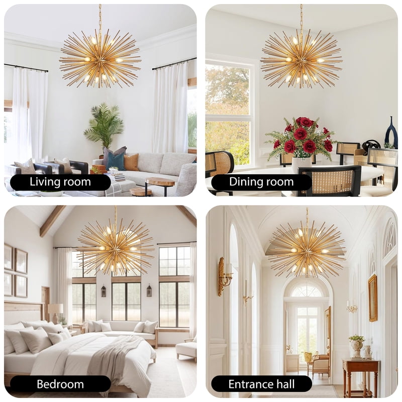 29" Mid-Century Modern 12-Light Starburst Chandelier,Gold Pendant Light Fixture for Living Room,Dining Room, or Foyer (No Bulb)