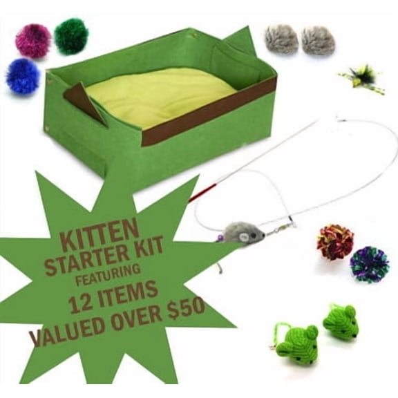 Kats'N Us Kitten Starter Kit with Bed (17.5" x 11" x 7") - Green - Wand Teaser