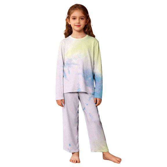 CPNG Girls Sleepwear Set Tie Dye Crewneck Long Sleeve Top and Matching Pants Soft Comfy Loungewear 2 Piece Set