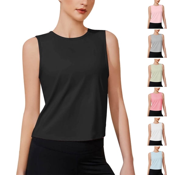 WEIee Basic Tank Tops for Women Women's T. Shirts Summer Crewneck Sleeveless Blouse Solid Color Trendy Slim Fit Tops Lady Holiday Tank Tee Black L