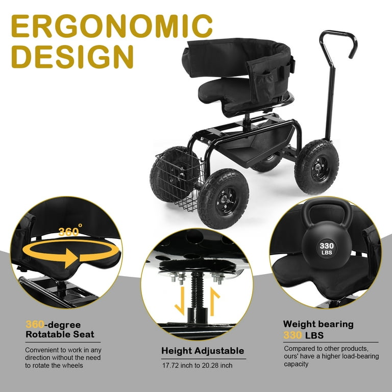 Ktaxon Black Rolling Garden Cart, 360° Swivel Cushioned Seat with