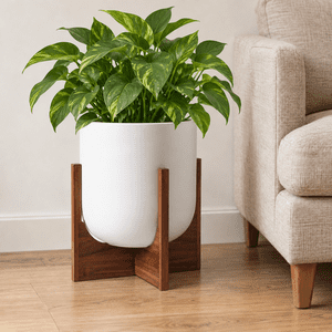 BEMAY 12 Inch White Ceramic Planter with Wood Stand