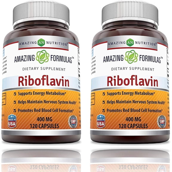 Amazing Formulas Riboflavin 400mg Per Serving 120 Capsules Dietary Supplement | Vitamin B2 Supplement | Non-GMO | Gluten Free | Pack of 2
