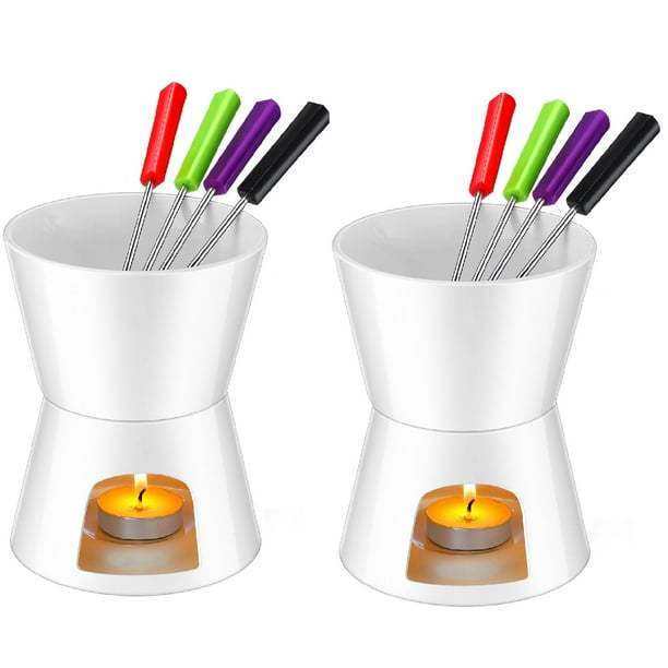 Mudder - Juego de 2 tazas de fondue de cerámica y 8 tenedores para derretir chocolate, queso, caldo o tapas en San Valentín, color blanco