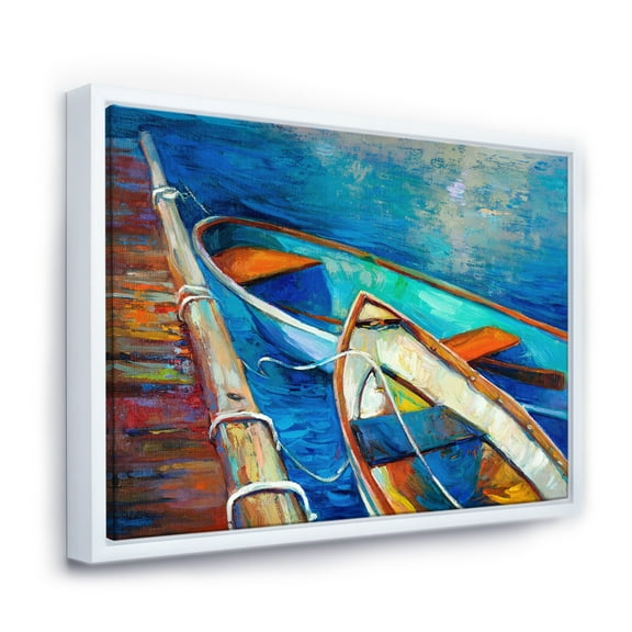 Designart ' Boats and Pier in Blue Shade ' Seascape Framed Canvas Art Print