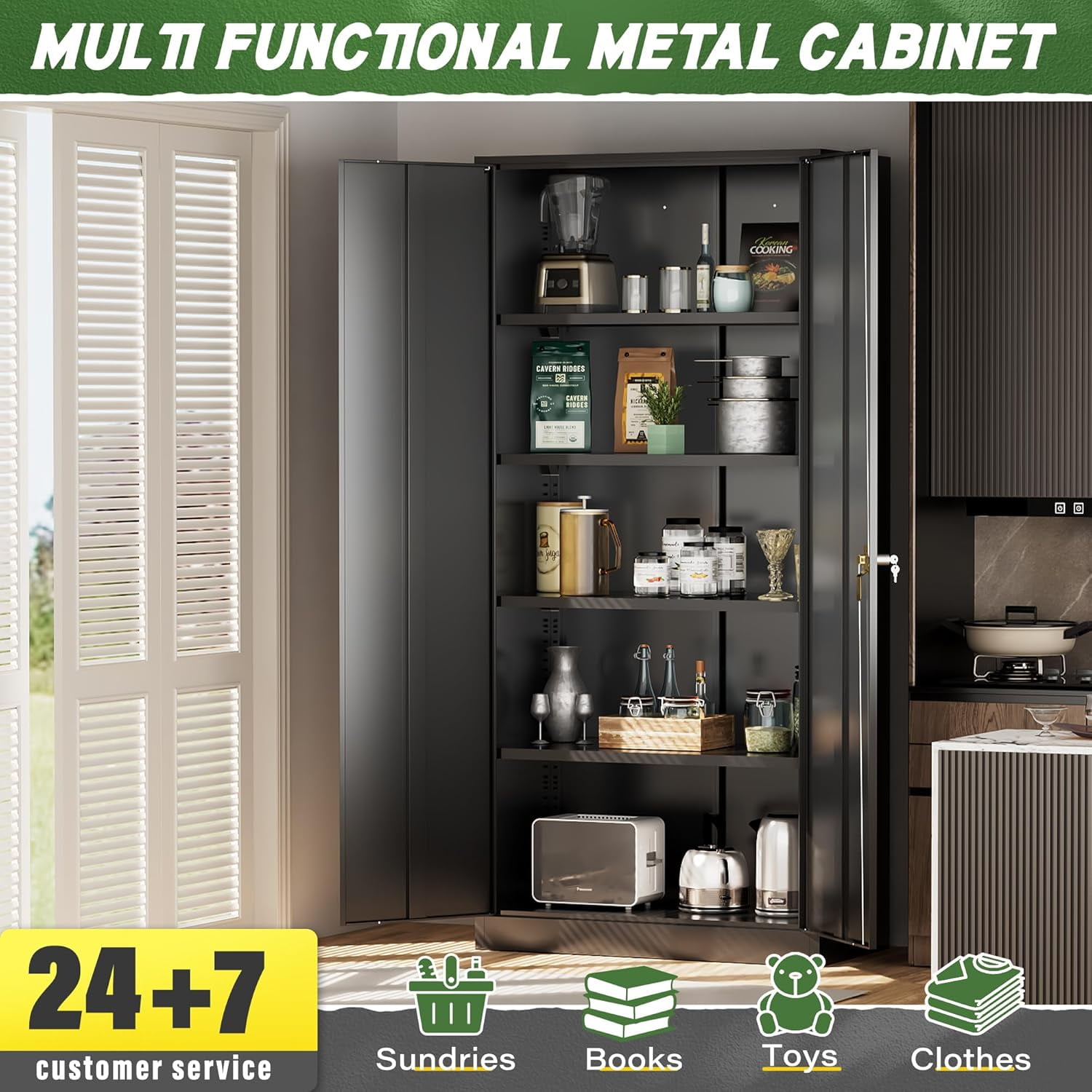 SUNCROWN Metal Storage Cabinet, 72" Black Steel Garage Cabinet with Doors and Adjustable Shelves, Metal Cabinet with Lock,Garage Cabinets and Storage System for Garage,Home Office,School