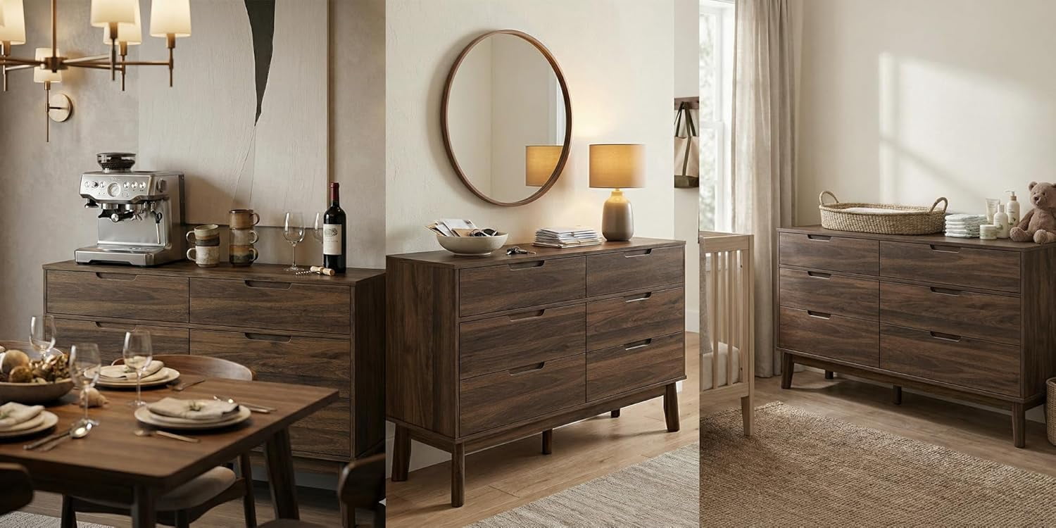 47" Wide Wooden Dresser for Bedroom, Mid-Century Modern 6 Drawer Double Dresser with Natural Wood Grain, Large Horizontal Storage Chest for Living Room, Anti-Tip Kit, Dark Walnut