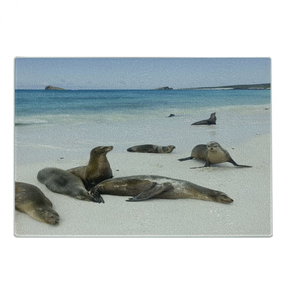 Ecuador Cutting Board, Galapagos Island Sea Lions at Sandy Beach Seascape Nature Photo Animal Travel, Decorative Tempered Glass Cutting and Serving Board, in 3 Sizes, by Ambesonne