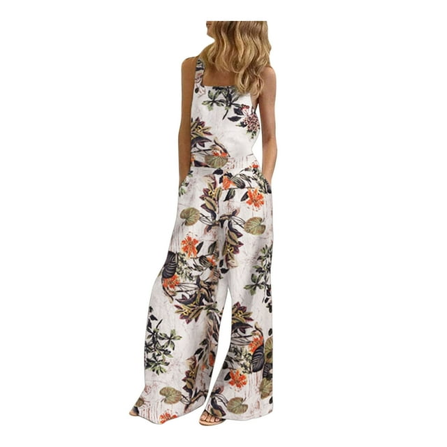 Leutsin Salopette Sans Manches pour Femmes, Décontractée, Imprimé Floral, Été, Pantalon Grand