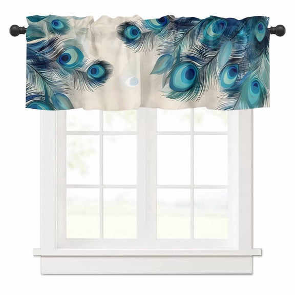 Retro Green Valances for Windows Blue Peacock Feathers Abstract Art Rod Pocket Curtain Valance Window Treatment Short Curtains for Kitchen Living Room, 54"x18"