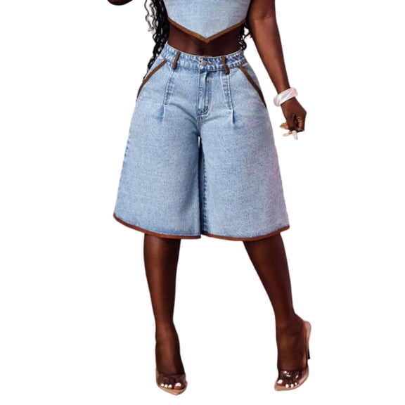 Women’s High Waisted Denim Bermuda Shorts Wide Leg Knee Length Jean Shorts with Pockets, Light Blue