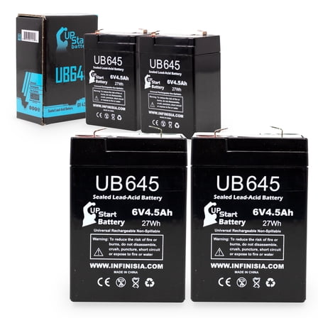 4x Pack - Compatible Lithonia F12G1 Battery - Replacement UB645 Universal Sealed Lead Acid Battery (6V, 4.5Ah, 4500mAh, F1 Terminal, AGM, SLA) - Includes 8 F1 to F2 Terminal Adapters