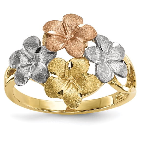 14k Two-tone w/White Rhodium Polished & Satin D/C 4-Plumeria Ring Size 7