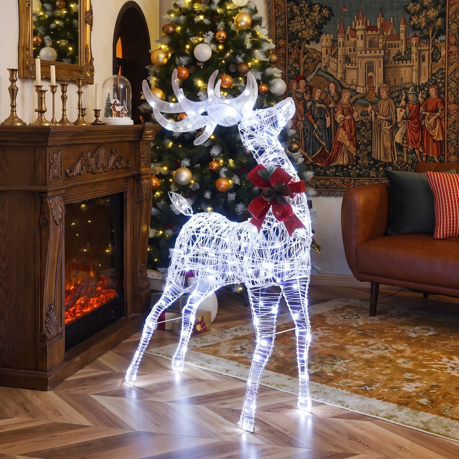 ALPULON Lighted Christmas Reindeer Yard Decoration with Cool White LED Lights, Waterproof Metal Outdoor Holiday Decor with Ground Stakes for Lawn Garden Porch, White