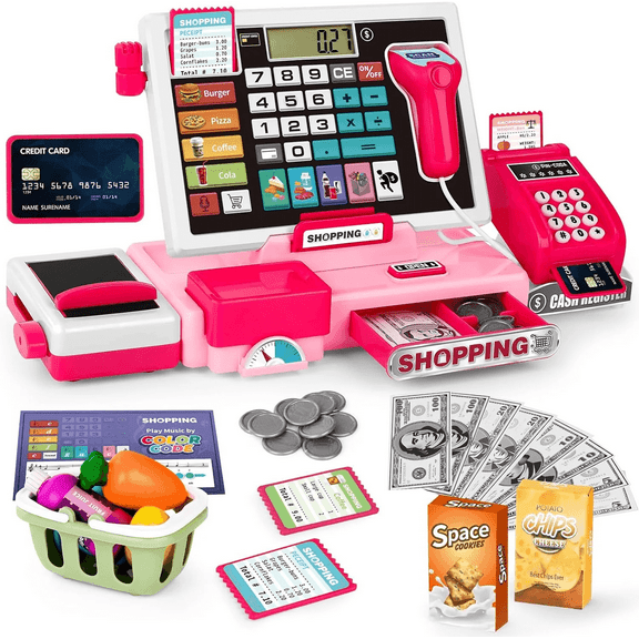 Kids Cash Register Toy Playset Toddler Prentend Play Store with Real Calculator Cash Register with Scanner Credit Card Play Money Food Learning Toys