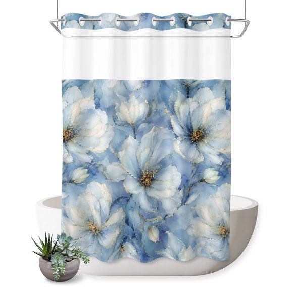 No Hook Shower Curtain, Blue Flowers Shower Curtains for Bathroom with See Through Top Window, Spring Summer Botanical Watercolor Floral Waterproof & Washable Bath Curtain Stall 48"x72"