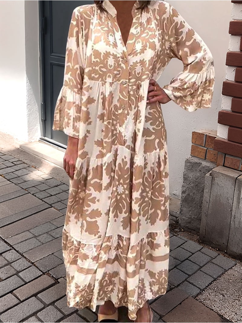 khaki elegant dress Women'S Elegant Stand Collar Trumpet Sleeve Printed Fashion Layered  Three-Quarter Sleeve Maxi Dress Light XXXL