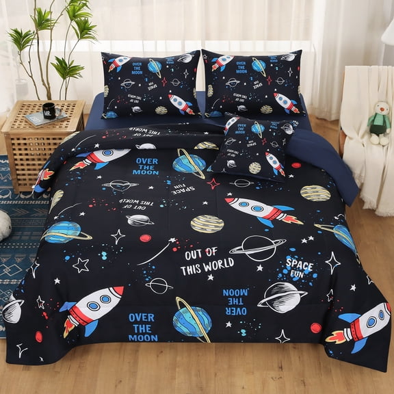 OKKEEY Boys Twin Sheet Comforter Sets, 6 Pcs Planet Theme Bedding Sets for Kids Teens, Bed in a Bag, Galaxy Space Rocket Bedroom Set with Pillowcases, Sheet, Cushion Cover