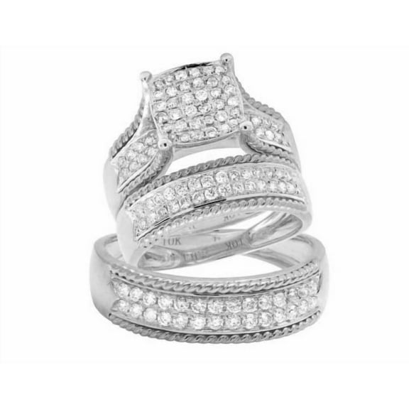 Sparkle Jewels His & Hers Silver Finish Square Cluster CZ Wedding Ring Set 3-Piece Matching Bridal Engagement Bands