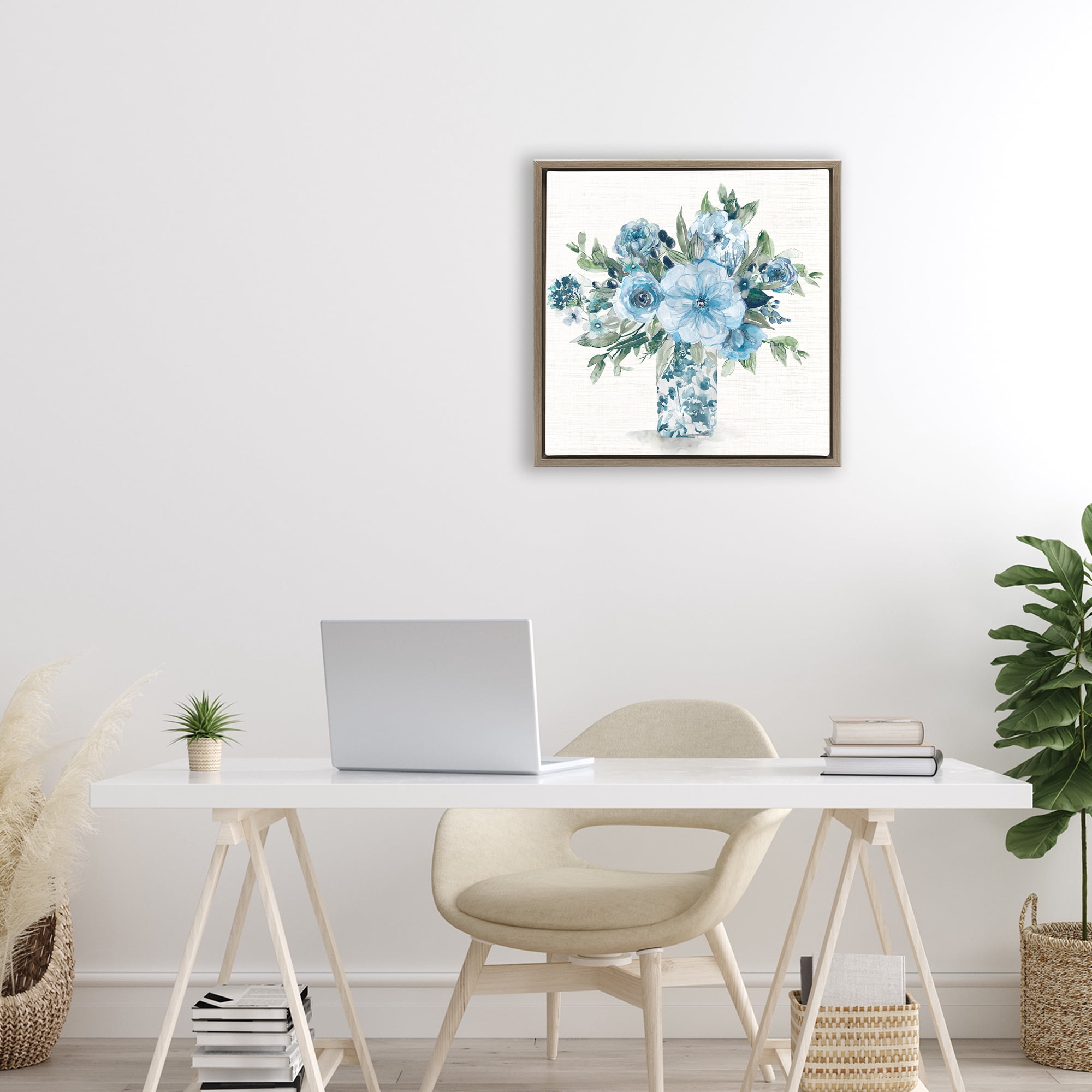 Stupell Industries Pastel Blue Bouquet Foliage Brown Framed Floater Canvas Wall Art, design by Carol Robinson
