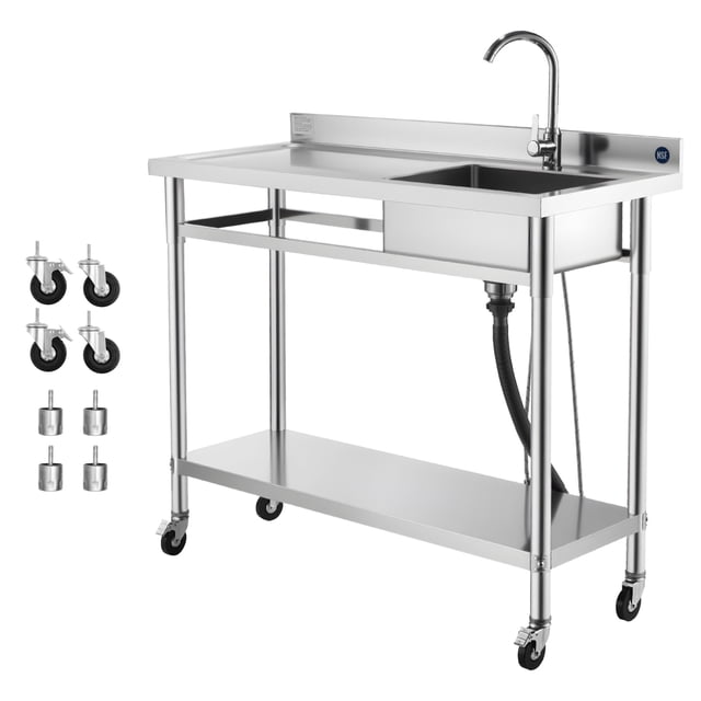 KFFKFF Évier Utilitaire en Acier Inoxydable, Évier de Cuisine Commercial à Bol Unique Roulant avec Roues, Robinet et Tuyau d'Eau Chaude et Froide, Établi de Bassin Utilitaire
