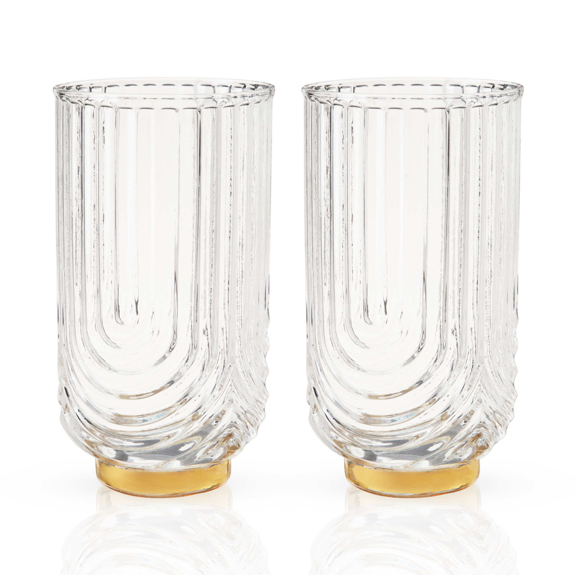 Viski Meridian Highball Glasses Set of 2 - Vintage Drinking Glass, Art Deco  Ripple Glassware Design, 15oz Gold Rimmed Collins Glasses Set