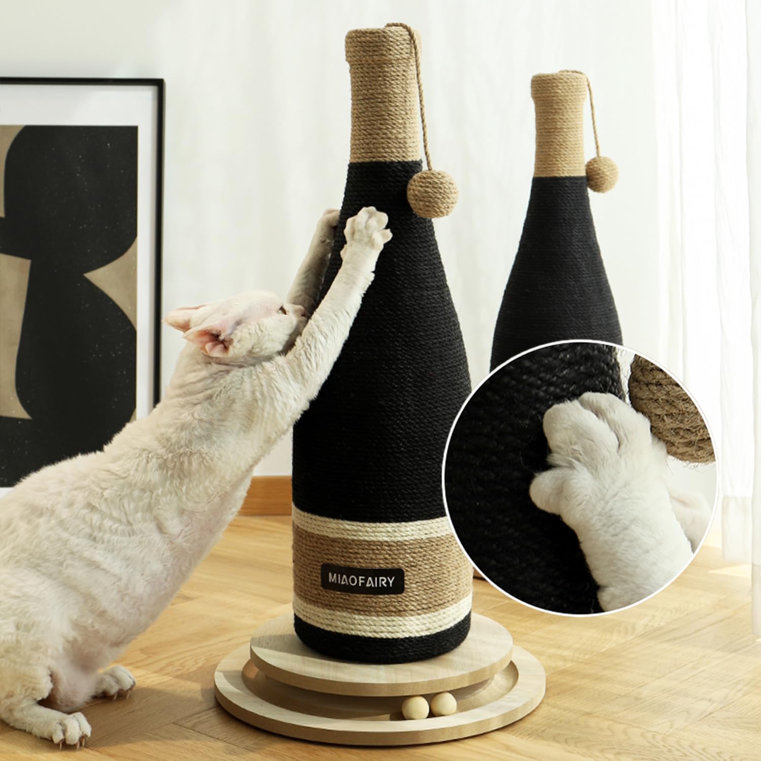 Colourtree Cat Scratching Post, Premium Cat Scratching Board, Sisal Fiber Cat Scratcher-24.8 Inches with Hanging Ball, Red Wine Bottle Simple Design (24.8 in, Wooden Base)
