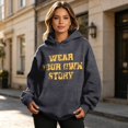 thumbnail image 2 of Women Black Wear Your Own Story Motivational Quote Graphic Hoodie with Drawstring Casual Pullover Sweatshirt, 2 of 5